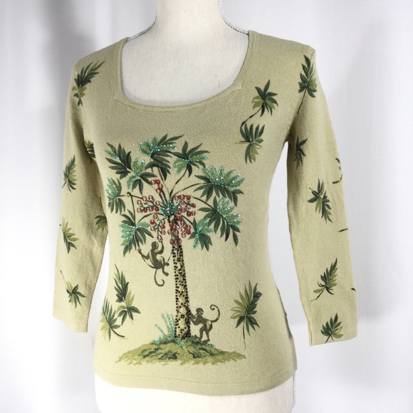 JANE DOE | Soft Knit Top Beaded Palm Tree& Monkeys - Picture 7 of 7